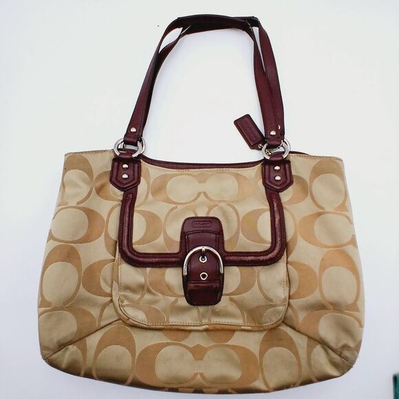 Coach Tan Canvas Signature Logo Large Shoulder Bag With Plum Leather Accent Trim - Picture 1 of 10